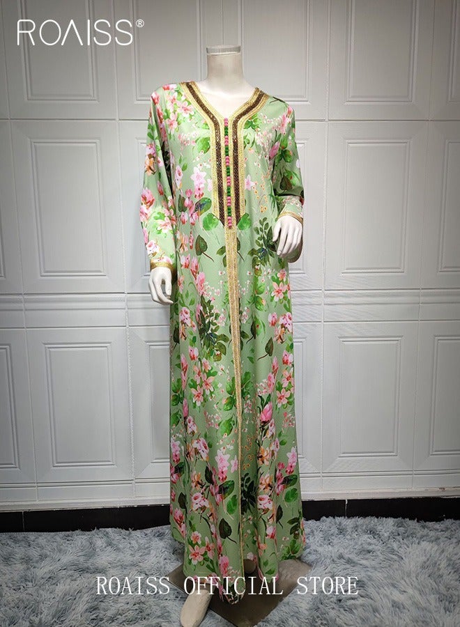 roaiss Women Floral V Neck Maxi Dress, Embroidery Front Long Sleeve Abaya, Loose Fit Breathable Arabian Robe for Ladies Ramadan Eid al-Adha - Image 5